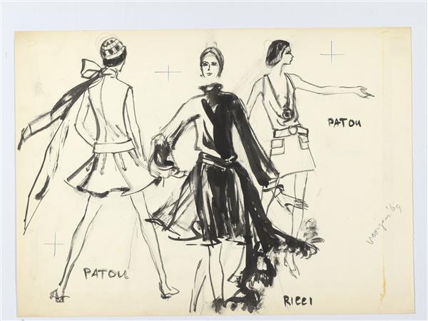 Modetekening van jurk Patou, jurk Ricci en jurk Patou