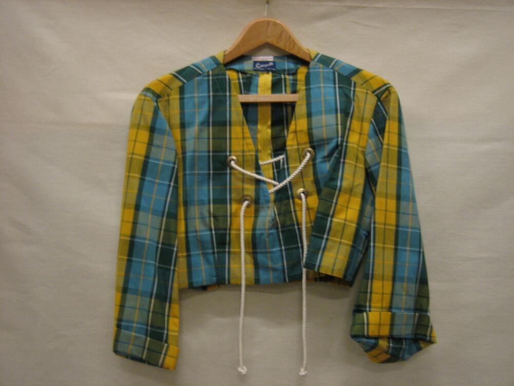 Hes van geel/blauw geruit katoen/polyester, zeer kort model met driekwart mouw met omslag, voor…