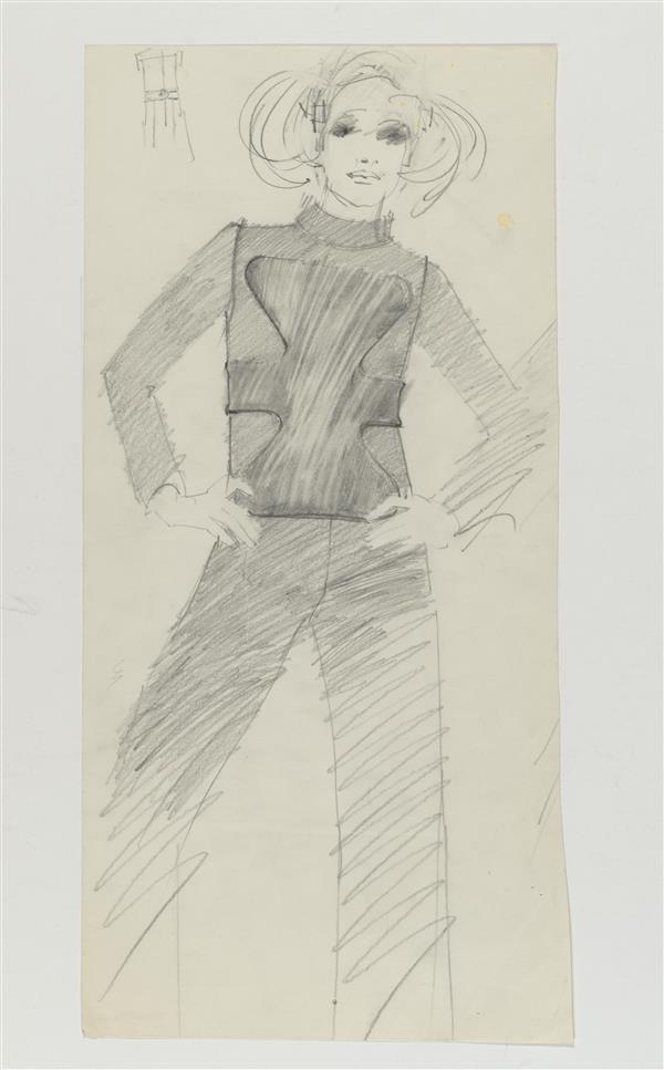 Ontwerptekening jumpsuit met applicatie op voorpand
