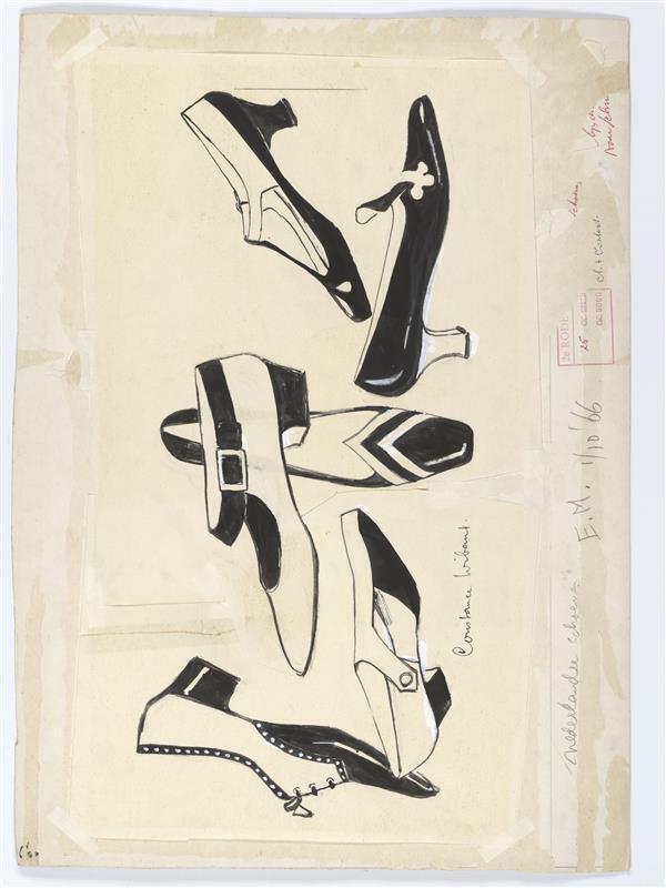 Modetekening van zes vrouwenschoenen