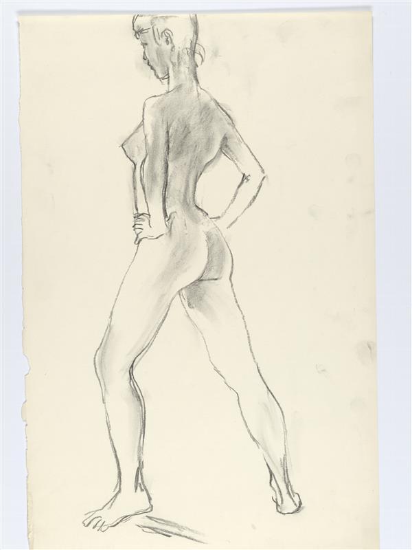 Modeltekening van naakt vrouwfiguur, op rug gezien