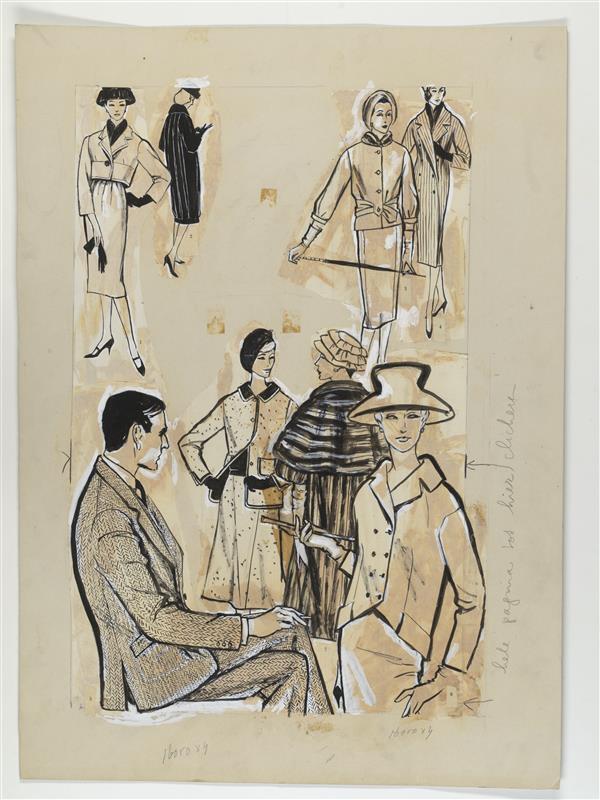 Modetekening van deux-pièces Givenchy, Lanvin-Castillo en Garnett, mantels Fabiani, Capucci en…