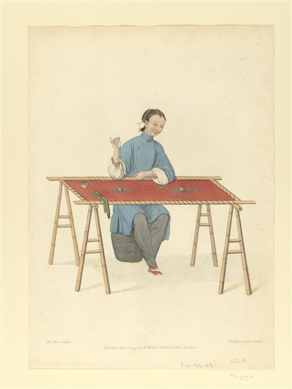 Prent van bordurende vrouw