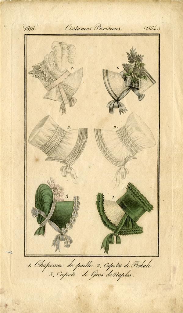 Costumes Parisiens '1. Chapeaux de paille, 2. Capotes de Perkale, 3. Capote de Gros de Naples'