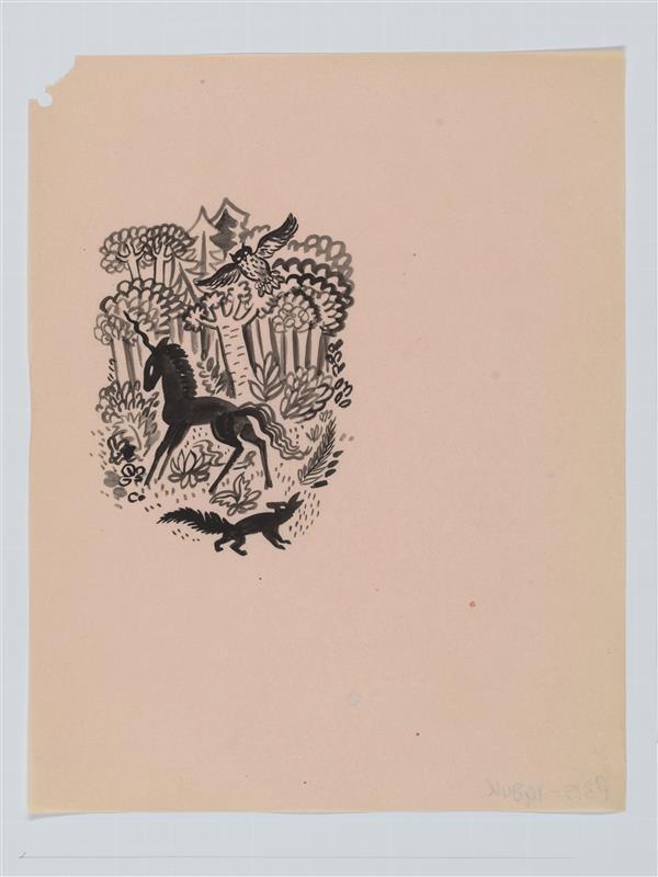 Illustratie van bos met paard, vos en uil en konijn