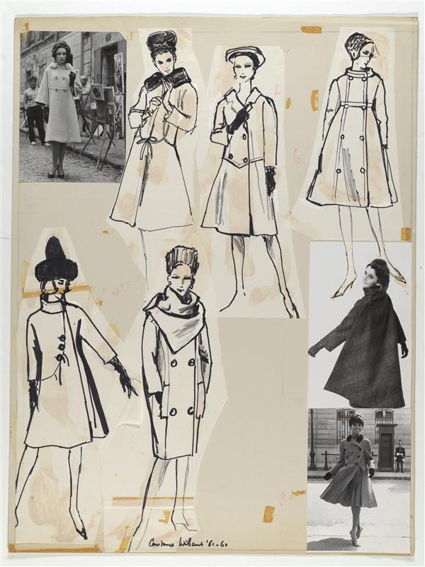 Collage van modetekeningen van mantels Cardin, Dior, Lanvin, Laroche, Madame Grès, Griffe en Ricci