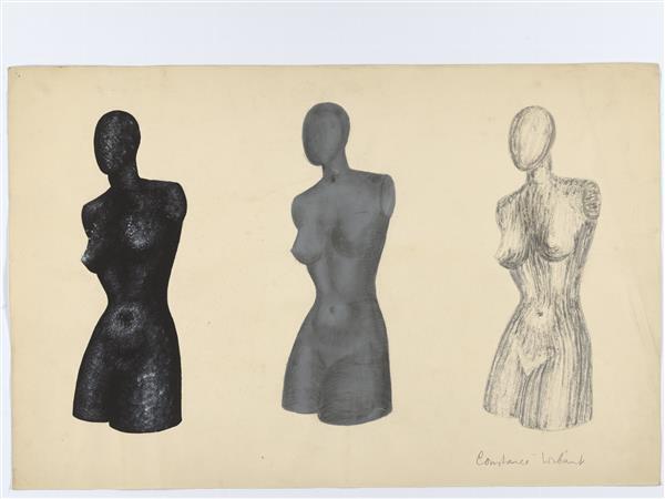 Tekening van drie vrouwentorsen met gestileerde hoofden
