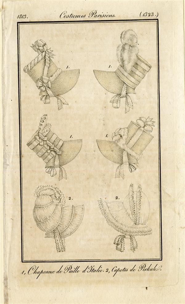 Costumes Parisiens '1, Chapeaux de Paille d'Italie. 2, Capotes de Perkale'