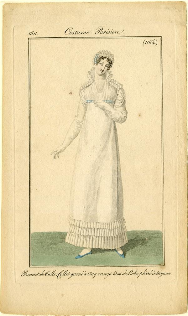 Costume Parisien 'Bonnet de tulle. Collet garni à cinq rangs. Bas de Robe plissé à tuyaux'