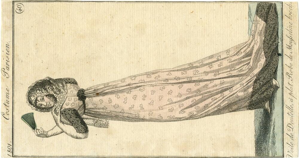 Costume Parisien 'Voile de Dentelle, à plat. Robe de Mousseline broche'