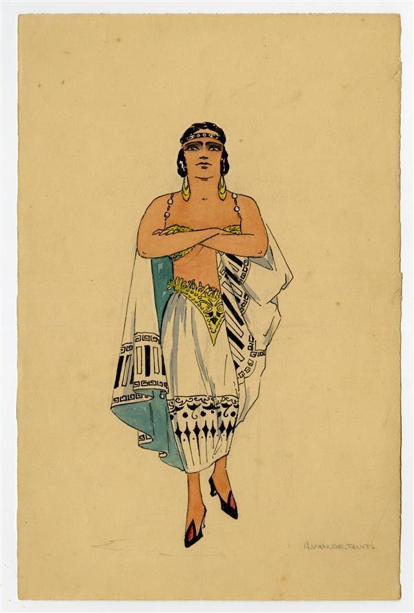 Staande vrouw in Grieks tenue versierd met motieven in Art Deco stijl