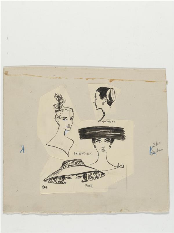 Modetekening van vier hoeden van Givenchy, Balenciaga en Fath