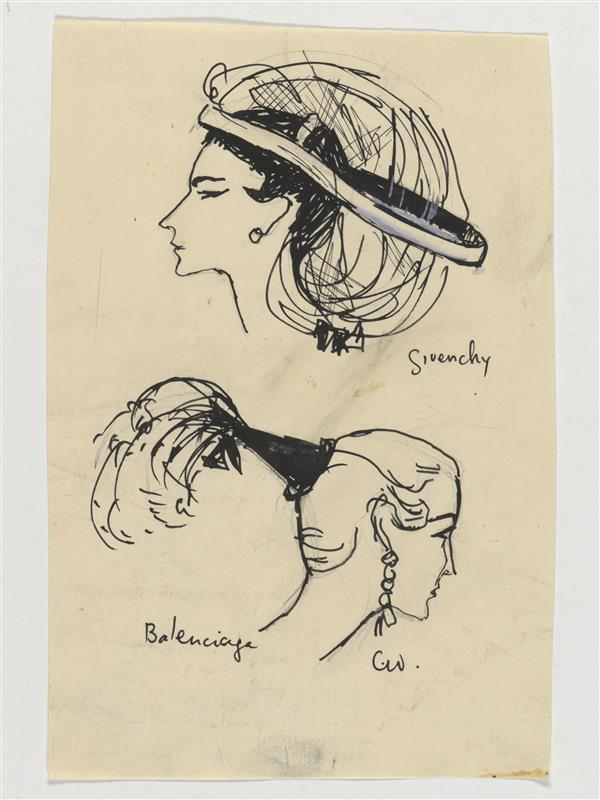 Modetekening van hoed Givenchy en hoed Balenciaga