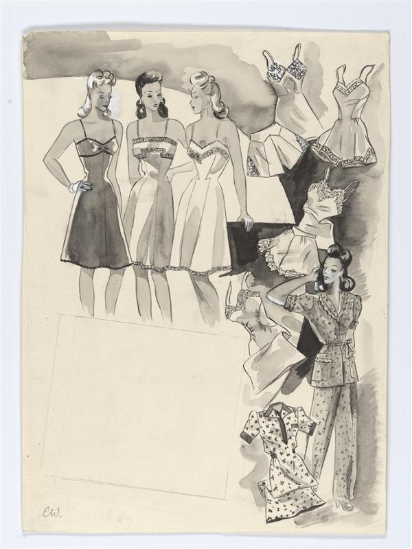 Illustratie van vrouwen in onderkleding en losse onderkleding