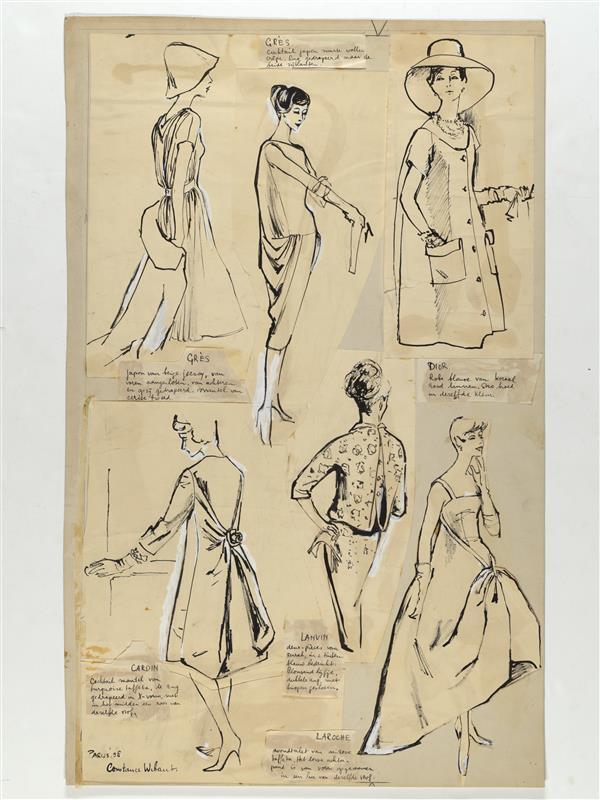 Modetekening van jurk Madame Grès, cocktailjurk Madame Grès, robe-blouse Dior, cocktailmantel…