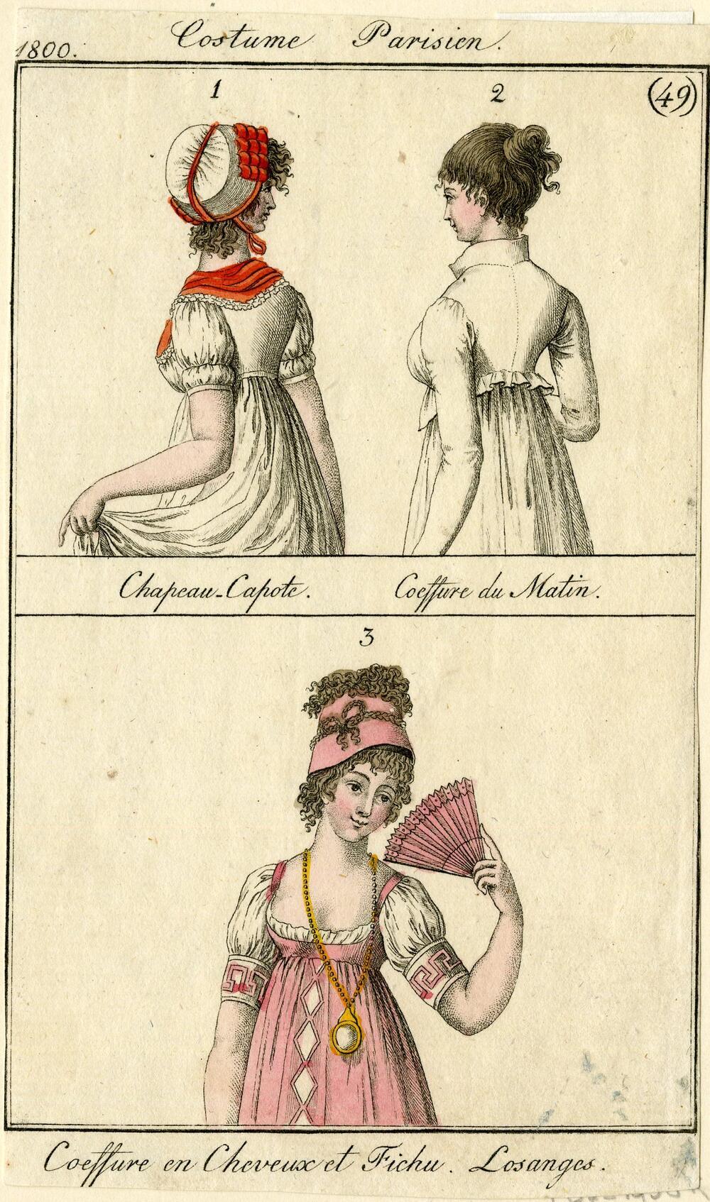 Costume Parisien 'Capeau-Capote, Coeffure du Matin, Coeffure en Cheveaux et Fichu Losanges'