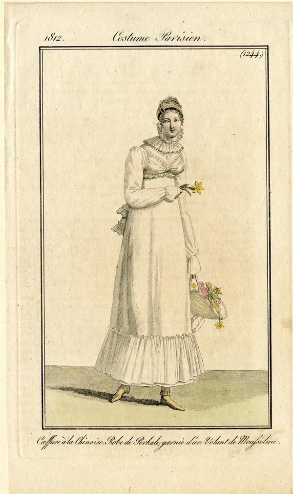 Costume Parisien 'Coiffure à la Chinoise. Robe de Perkale, garnie d'un Volant de Mousseline'