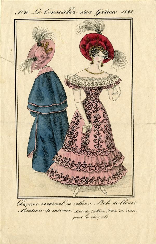 Le Conseiller des Grâces, Chapeau cardinal en velours. Robe de blonde. Manteau de casimir.