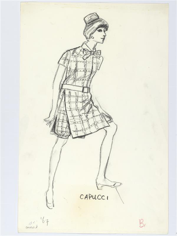 Modetekening van trois-pièces Capucci, bestaande uit lijfje, knickers en rok
