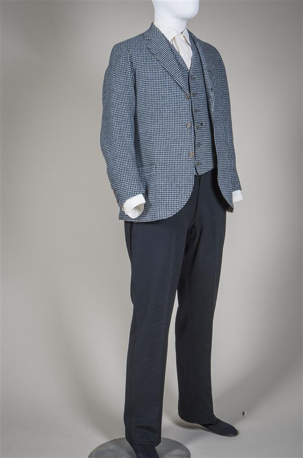 Colbert en vest (man) van grijze wollen stof met pied-de-poulemotief