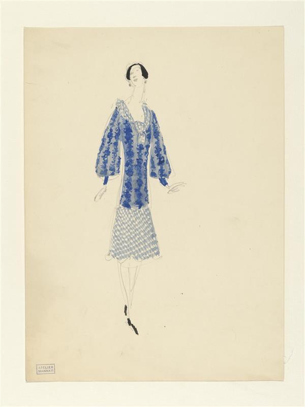 Ontwerptekening van vrouw in blauwe jurk