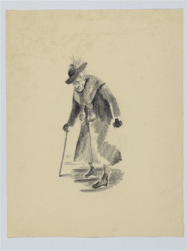 Tekening van oude vrouw met stok in wintermantel en hoed