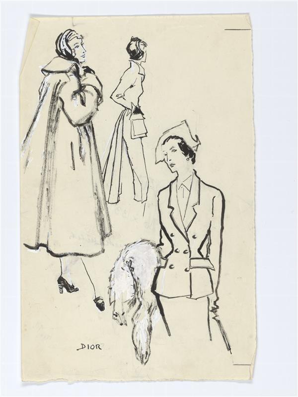 Modetekening van drie vrouwfiguren in kleding Dior