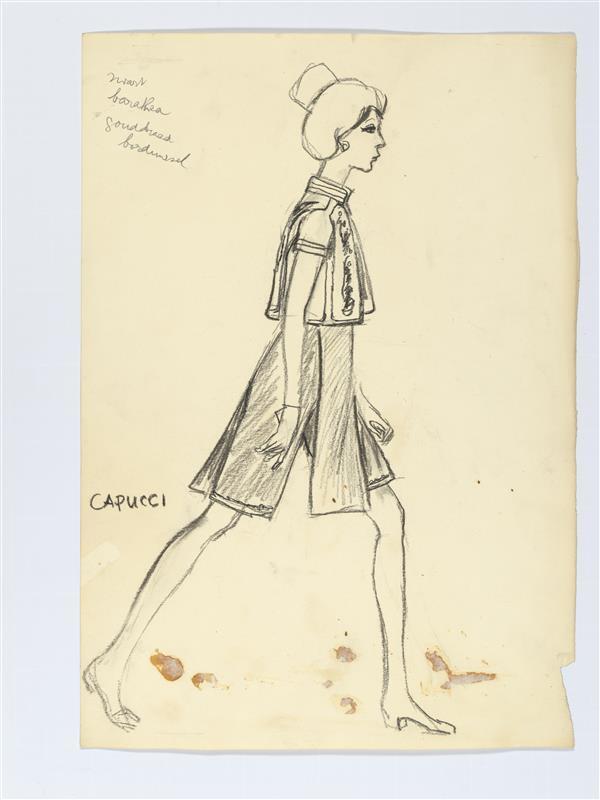 Modetekening van ensemble Capucci, bestaande uit jurk en bolero
