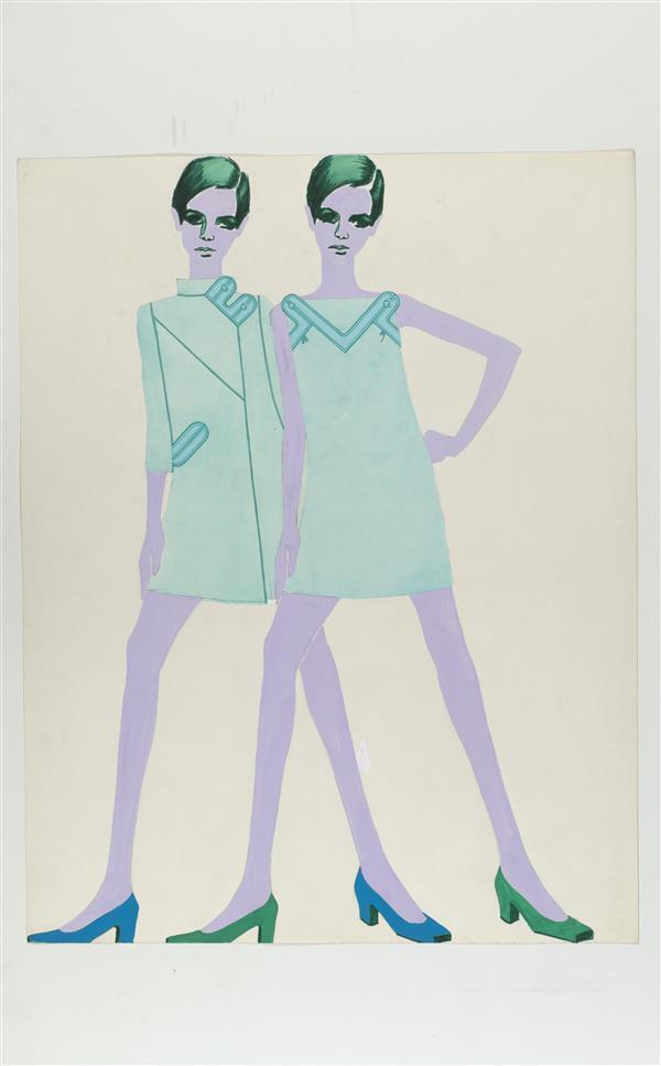 Ontwerptekening van twee turquoise mini-ensembles