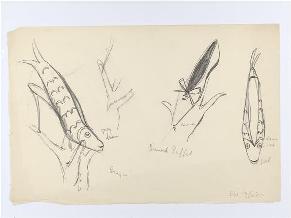 Illustratie van drie schoenen Perugia, met drie handen afgebeeld