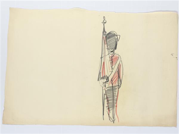 Illustratie van guard met hoge berenmuts en vaandel