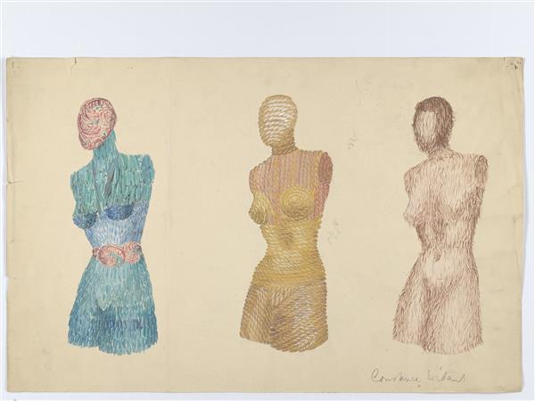 Tekening van drie vrouwentorsen met gestileerd hoofd