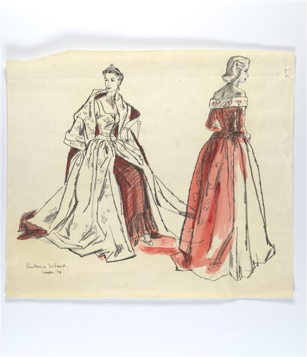 Illustratie van Mrs Penn en andere vrouw(?) bij kroning Elizabeth II in jurken van respectievelijk…