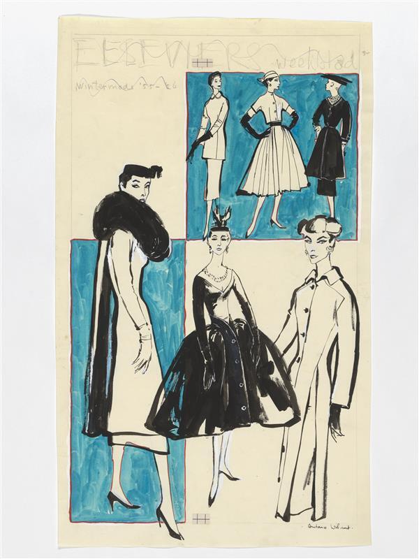 Modetekening van tunique Balenciaga, avondjurk en mantel Dior, tunique Madelaine de Rauch en deux…
