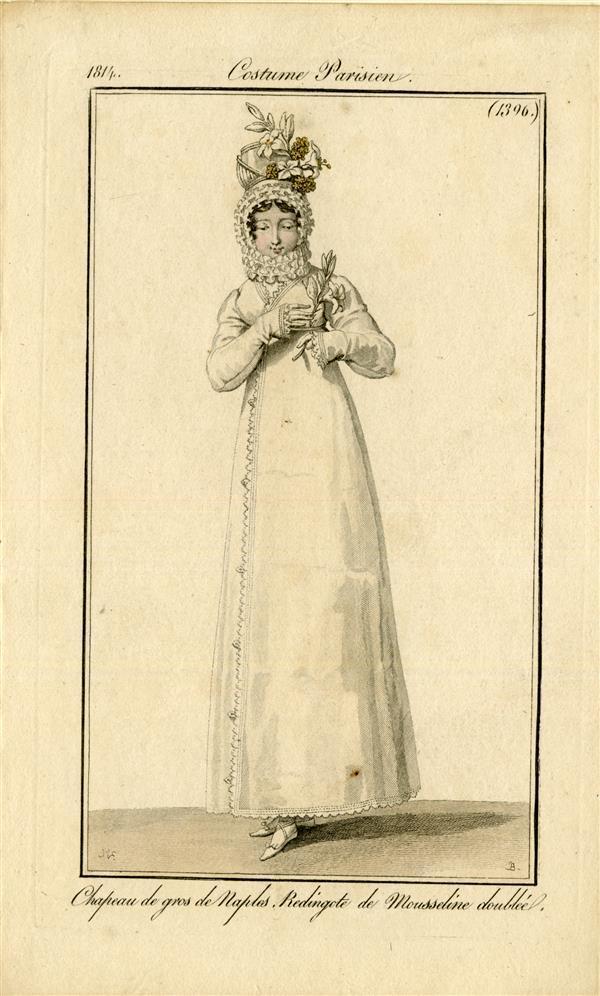 Costume Parisien 'Chapeau de gros de Naples, Redingote de Mousseline doublée'