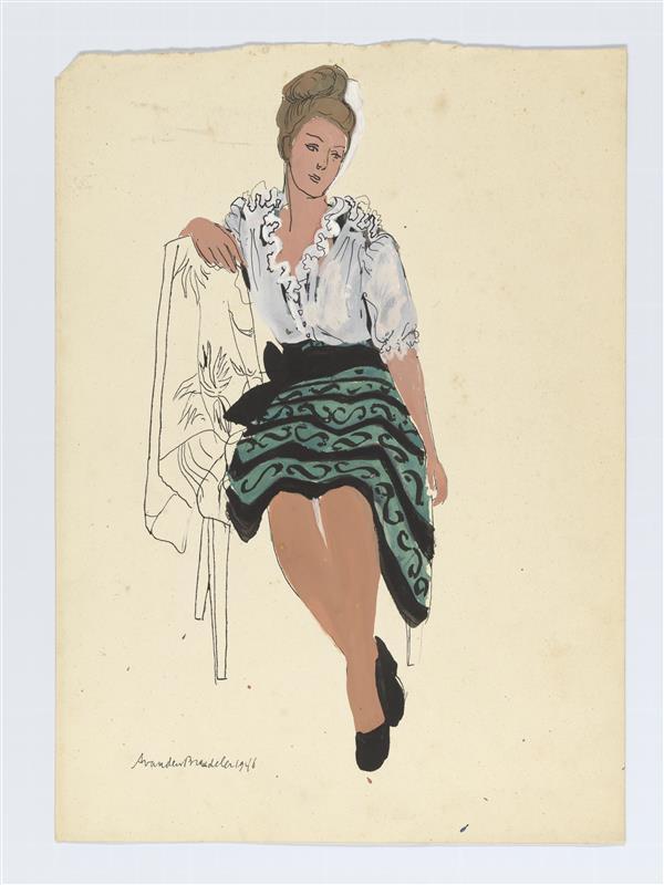 Ontwerptekening van mevrouw Hoey Smith-Boellaard, gekleed in rok en blouse met korte mouwen en…
