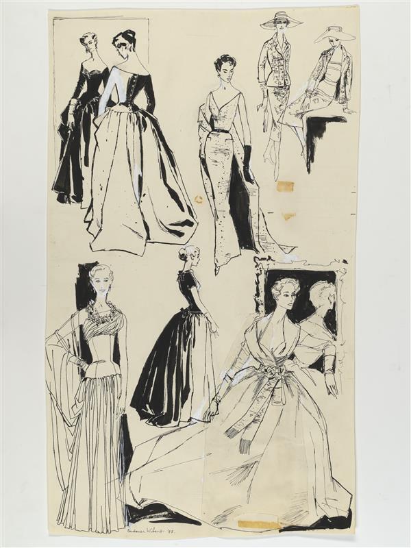 Modetekening van avondjurk Balmain, dinerjurk Balmain, dinertailleur Dior, galatoilet Madame Grès…