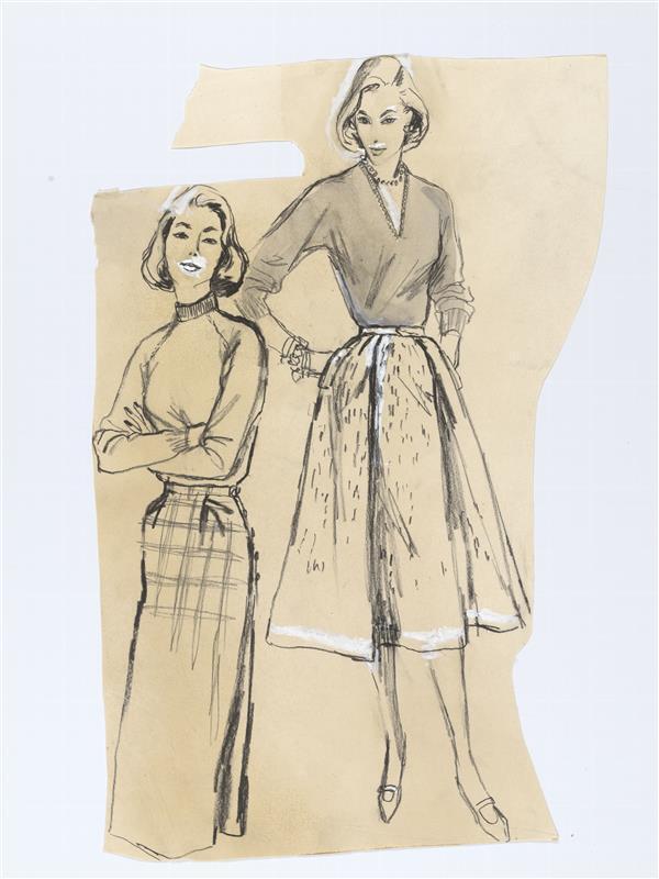 Modetekening van twee deux-pièces, rokken van Digby Morton, truien van Hunt & Winterbotham