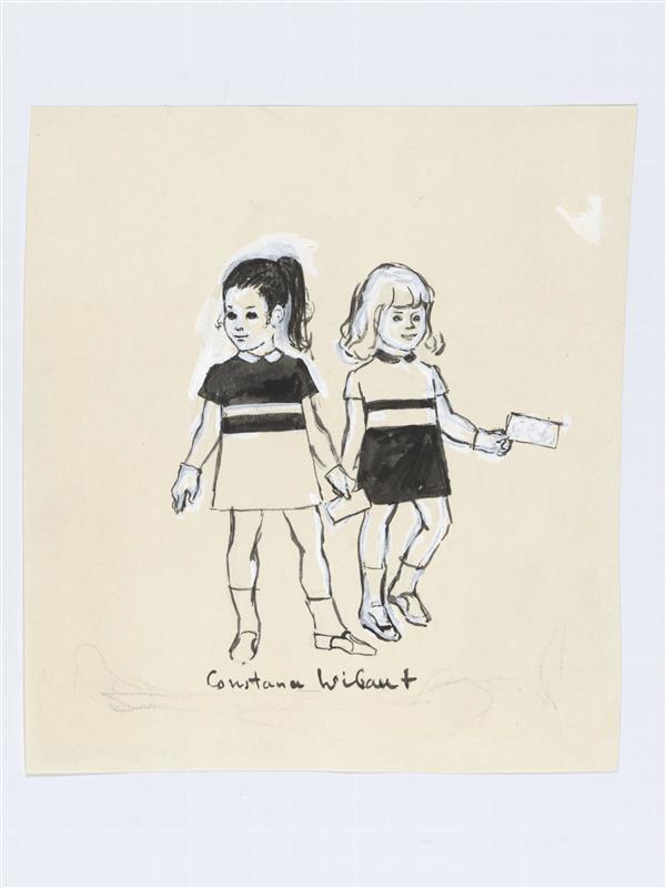 Illustratie van twee kleine meisjes in dezelfde jurk in andere kleurstelling