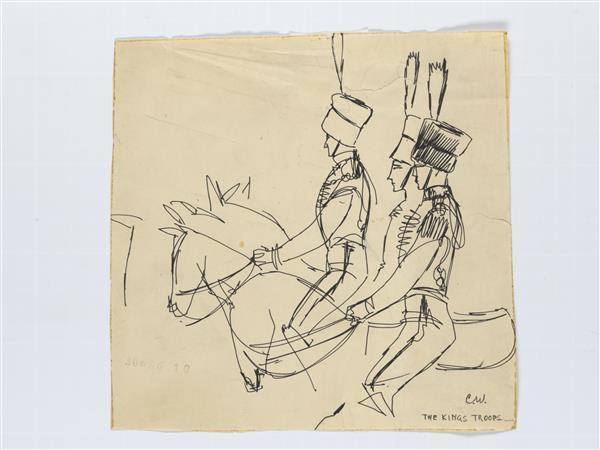 Illustratie van drie mannen van de King's Troups, te paard afgebeeld