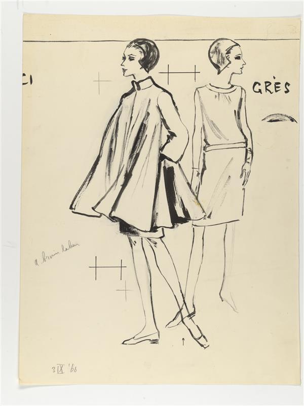 Modetekening van trois-pièces Madame Grès, bestaande uit mantel, rok en blouse