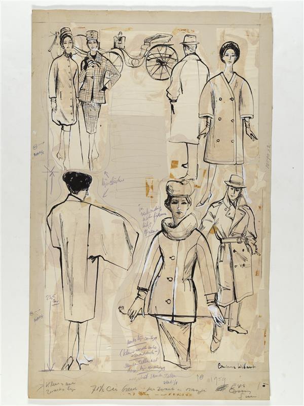 Modetekening van trois-pièces Balmain, deux-pièces Cardin, mantel Madame Grès, mantel Ricci, tuniek…