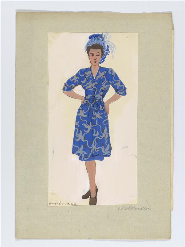 Ontwerptekening van mevrouw van Hoey Smith-Boellaard, gekleed in jurk met driekwartmouwen,…