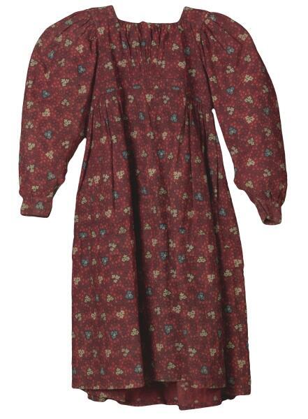 Jurk (kind) van bedrukt katoen, rood met bloempjes in zwart, blauw, geel, wit en beige