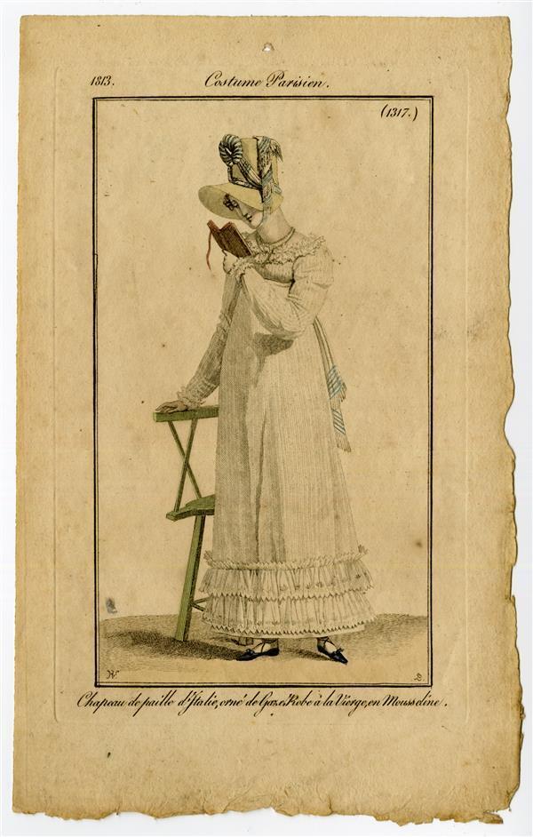 Costume Parisien 'Chapeau de paille d'Italie, orné de Gaze, Robe à la Vierge, en Mousseline'