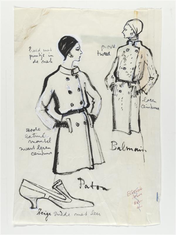 Modetekening van mantel Patou en mantel Balmain