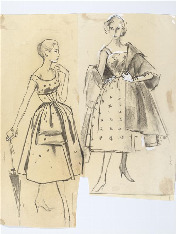 Modetekening van cocktailjurk Dreese en avondensemble Jolo Couture