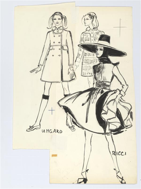 Modetekening van ensemble Ungaro en jurk Ricci