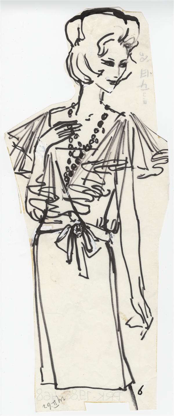 Modetekening van blouse en rok Dior