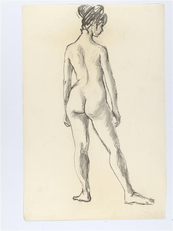Modeltekening van naakte staande vrouwfiguur